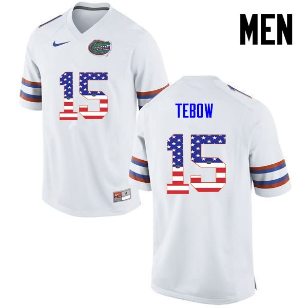 Men's NCAA Florida Gators Tim Tebow #15 Stitched Authentic USA Flag Fashion Nike White College Football Jersey YSB5665DO